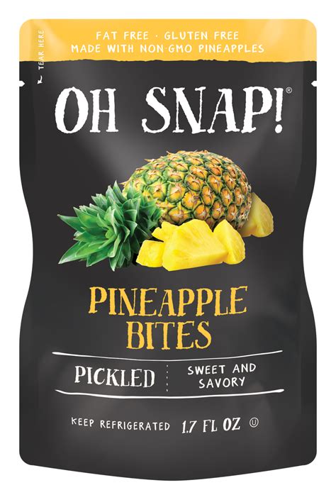 Oh snap pineapple bites - However, OH SNAP! Hottie Bites are refrigerated and have no added brine, so there's less mess. Plus, they are single-serve (98g per pouch) so you can enjoy them with a meal or as a refreshing snack on the road, in a school lunch, or … right now! OH Snap! Hottie Bites; 1 Severing per pouch (98g) Great for school lunch boxes or picnics;